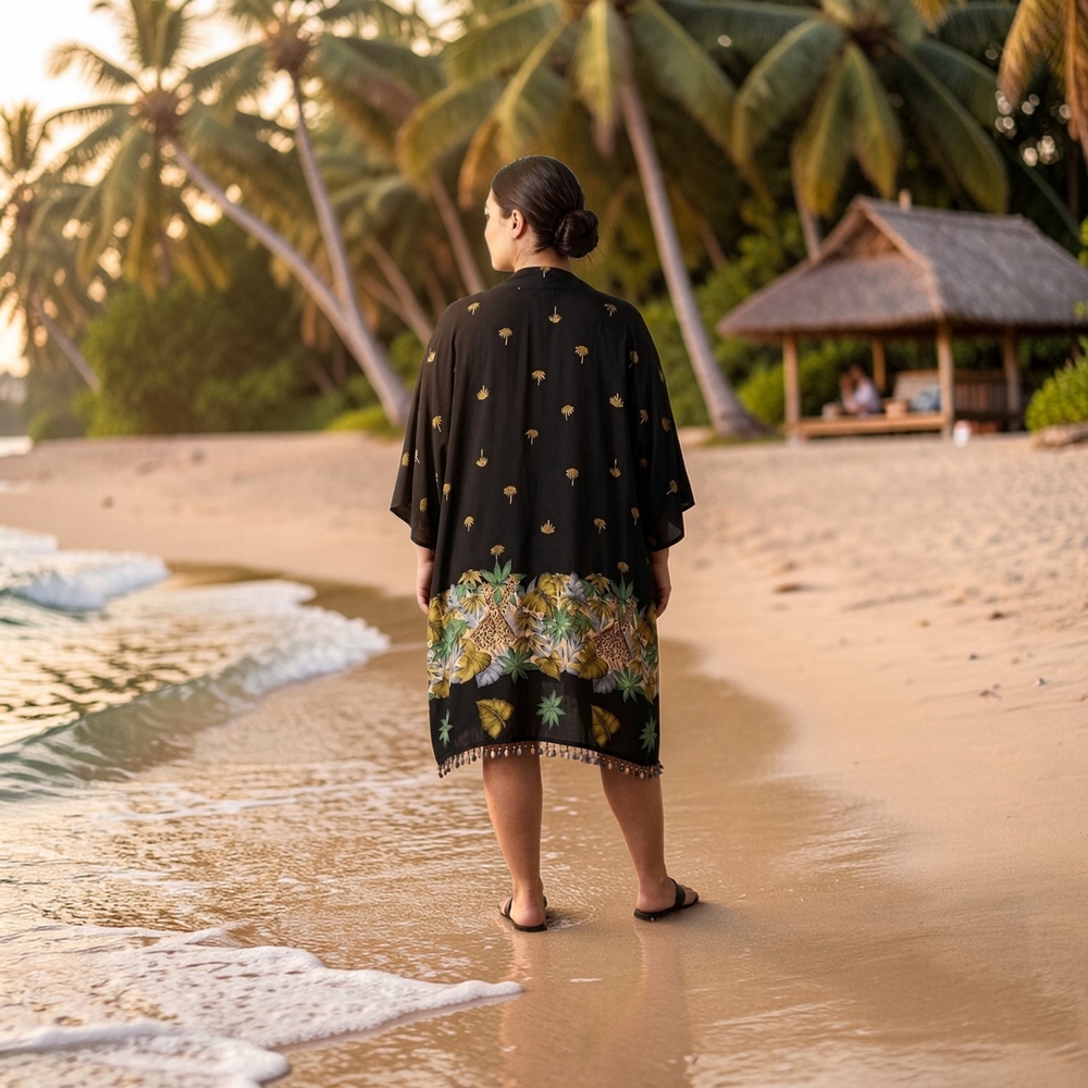 Black Tropical Animal-Print Beach Cover-Up Kimono Beaded 2X